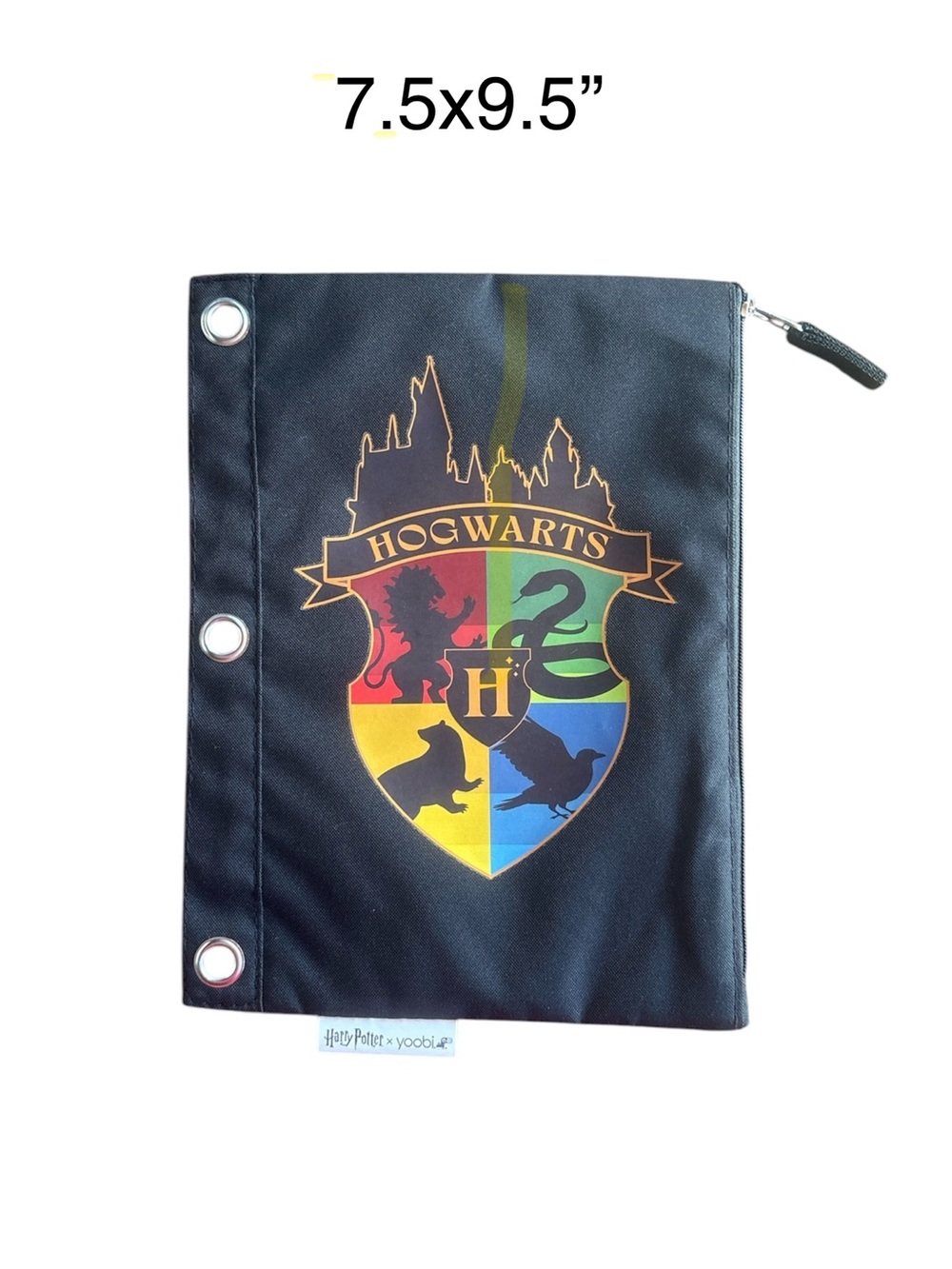 Yoobi Hogwarts Crest Black Pencil Case with Red Green Yellow Blue Accents
